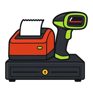 Sticker of a thermal printer, scanner and cash drawer