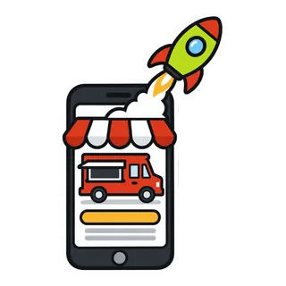 Sticker of a phone showing a store page with a rocket launching